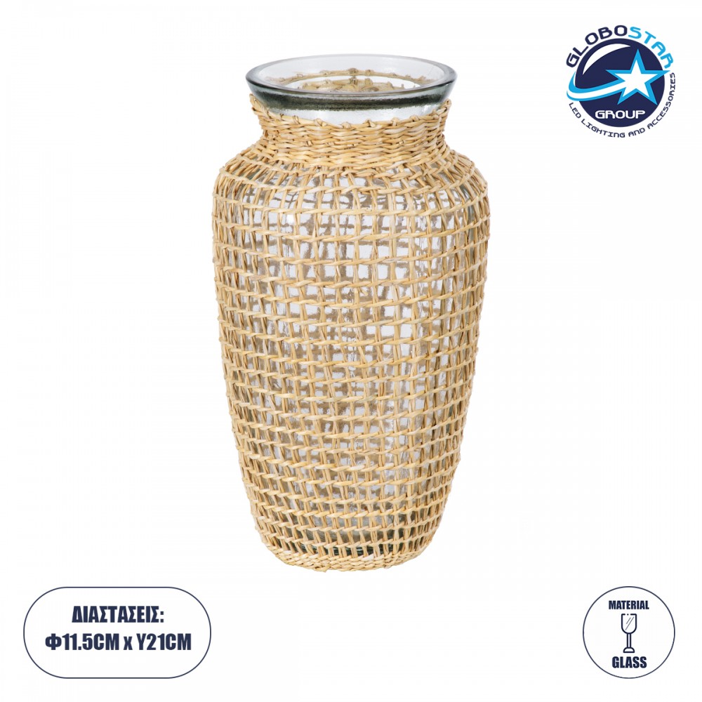 GloboStar® MANDY 35621 Διακοσμητικό Βάζο Γυάλινο Διάφανο με Μπαμπού Φ11.5 x Υ21cm