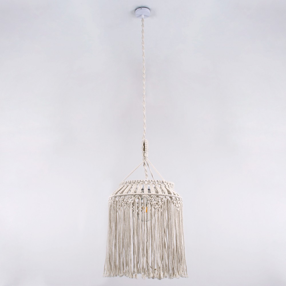 GloboStar® ALGERIA 36202 Boho - Μακραμέ - Macrame Κρεμαστό Φωτιστικό Οροφής Μονόφωτο 1 x E27 Πλεκτό Χειροποίητο Μπεζ Υφασμάτινο με Σχοινί Φ40 x Υ50cm