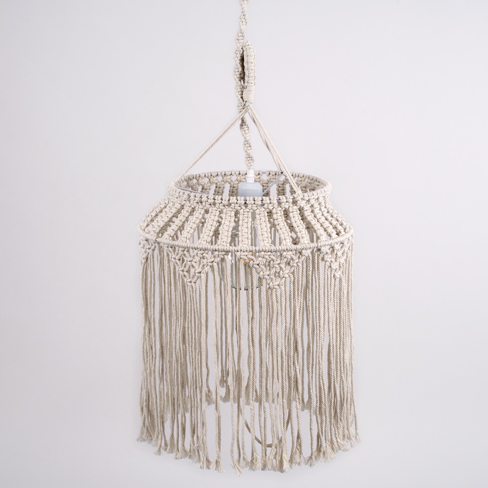 GloboStar® ALGERIA 36202 Boho - Μακραμέ - Macrame Κρεμαστό Φωτιστικό Οροφής Μονόφωτο 1 x E27 Πλεκτό Χειροποίητο Μπεζ Υφασμάτινο με Σχοινί Φ40 x Υ50cm