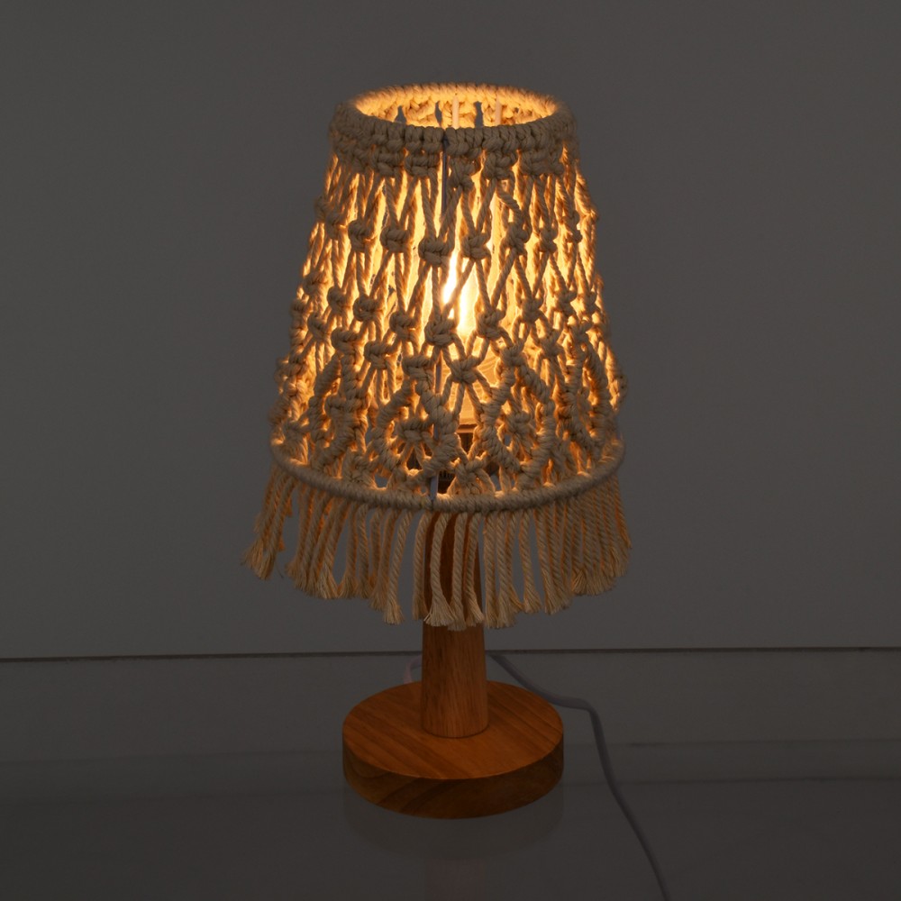 GloboStar® RWANDA 36210 Vintage Επιτραπέζιο Φωτιστικό Πορτατίφ Μονόφωτο Boho - Μακραμέ Πλεκτό Χειροποίητο Μπεζ Υφασμάτινο με Σχοινί Φ15 x Υ30cm