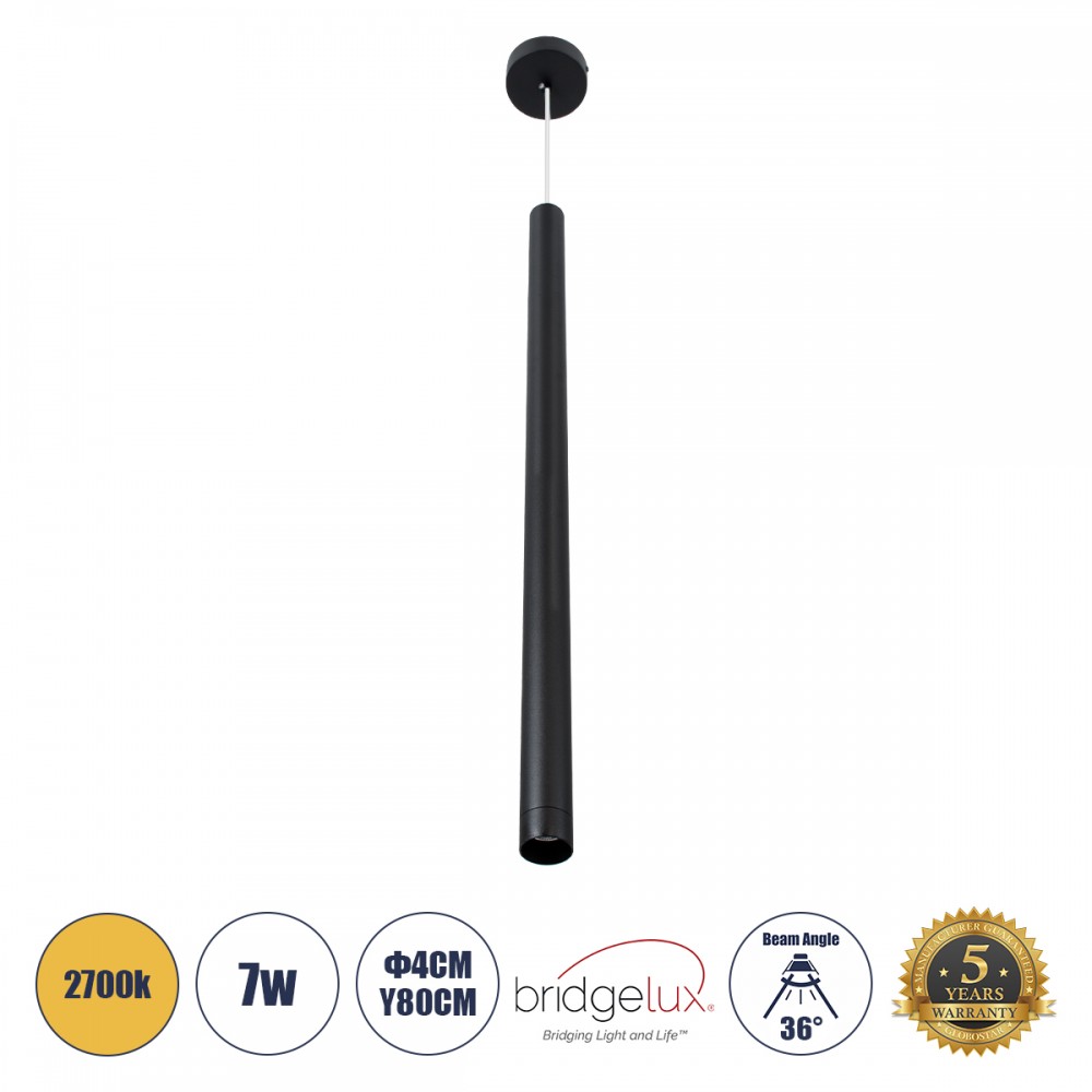 GloboStar® CANAL 60377 Κρεμαστό Φωτιστικό Σποτ Οροφής LED Downlight 7W 700lm 36° AC 220-240V IP20 Φ4 x Υ80cm Θερμό Λευκό 2700K - Μαύρο - Bridgelux COB - 5 Years Warranty