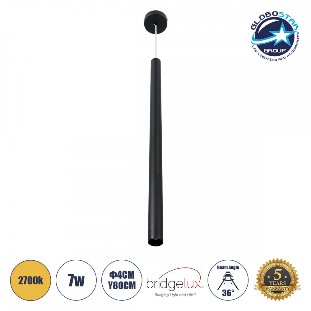 GloboStar® CANAL 60377 Κρεμαστό Φωτιστικό Σποτ Οροφής LED Downlight 7W 700lm 36° AC 220-240V IP20 Φ4 x Υ80cm Θερμό Λευκό 2700K - Μαύρο - Bridgelux COB - 5 Years Warranty