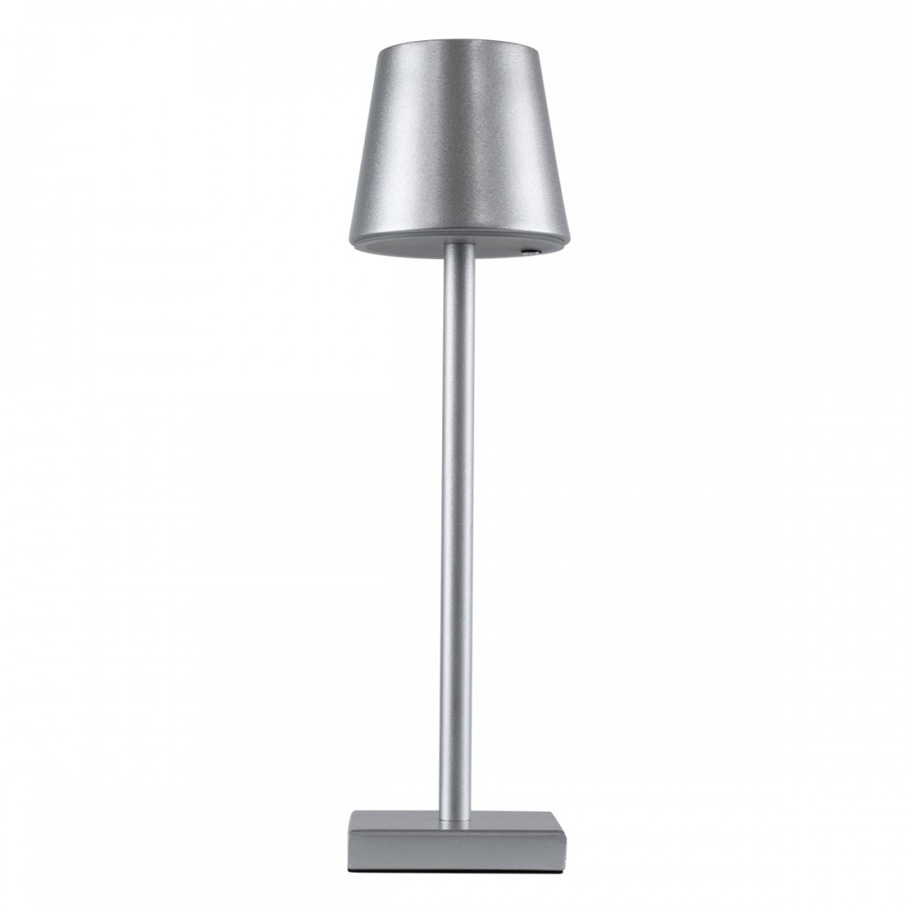 GloboStar® NEGA 60476 Μοντέρνο Επιτραπέζιο Φωτιστικό Πορτατίφ LED 2.2W 154lm 360° DC 5V Επαναφορτιζόμενο με Μπαταρία Li-ion 4000mAh - Διακόπτη Αφής - Θερμό Λευκό 2700K - Dimmable - D10 x H39cm - Ασημί - 2 Years Warranty