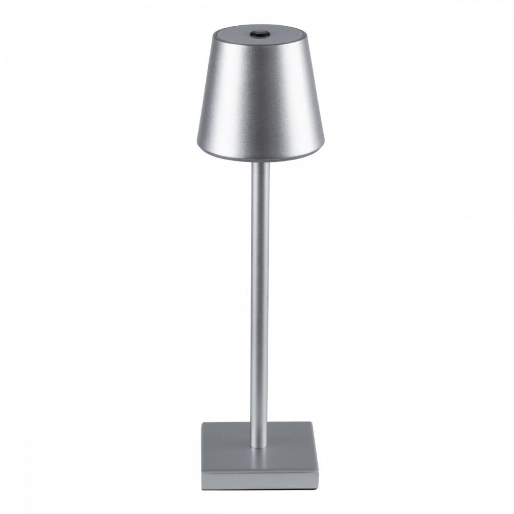 GloboStar® NEGA 60476 Μοντέρνο Επιτραπέζιο Φωτιστικό Πορτατίφ LED 2.2W 154lm 360° DC 5V Επαναφορτιζόμενο με Μπαταρία Li-ion 4000mAh - Διακόπτη Αφής - Θερμό Λευκό 2700K - Dimmable - D10 x H39cm - Ασημί - 2 Years Warranty