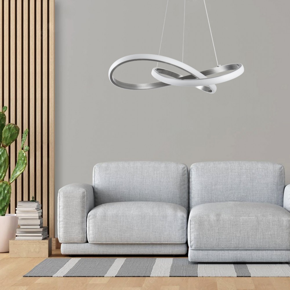 GloboStar® DEXTER 60498 Κρεμαστό Φωτιστικό Οροφής Design LED CCT 72W 8064lm 300° AC 220-240V - Εναλλαγή Φωτισμού μέσω Τηλεχειριστηρίου All In One Ψυχρό 6000k+Φυσικό 4500k+Θερμό 2700k Dimmable Φ56cm - Νίκελ Ασημί Βούρτσας - 3 Years Warranty