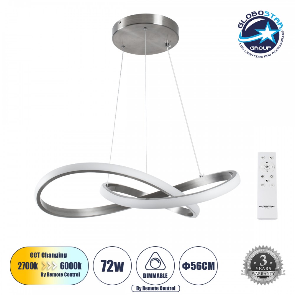 GLOBOSTAR® DEXTER 60948 Μοντέρνο Κρεμαστό Φωτιστικό Οροφής LED 72W 8064lm 300° AC 220-240V IP20 Ρυθμιζόμενο Λευκό CCT με Χειριστήριο από 2700K έως 6000K Dimmable - Lumileds SMD Chip - Νίκελ Βούρτσας - Μ56 x Π56 x Υ14cm - 3 Χρόνια Εγγύηση