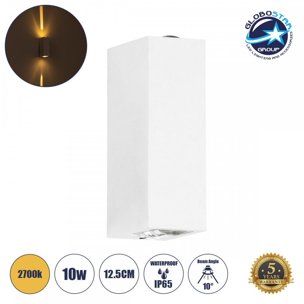 GLOBOSTAR® LINOR 60527 Μοντέρνο Φωτιστικό Τοίχου - Απλίκα LED 10W 1000lm 10° AC 220-240V Αδιάβροχο IP65 Θερμό Λευκό 2700K - Bridgelux COB Chip & TÜV SÜD Driver - Λευκό Ματ - Μ12.5 x Π6 x Υ4cm - 5 Χρόνια Εγγύηση