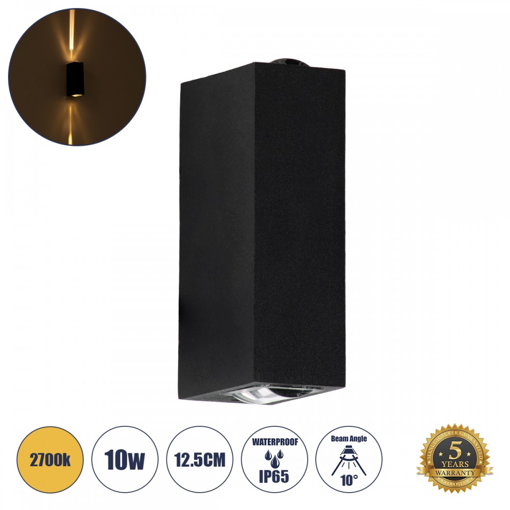 GLOBOSTAR® LINOR 60529 Μοντέρνο Φωτιστικό Τοίχου - Απλίκα LED 10W 1000lm 10° AC 220-240V Αδιάβροχο IP65 Θερμό Λευκό 2700K - Bridgelux COB Chip & TÜV SÜD Driver - Μαύρο Ματ - Μ12.5 x Π6 x Υ4cm - 5 Χρόνια Εγγύηση