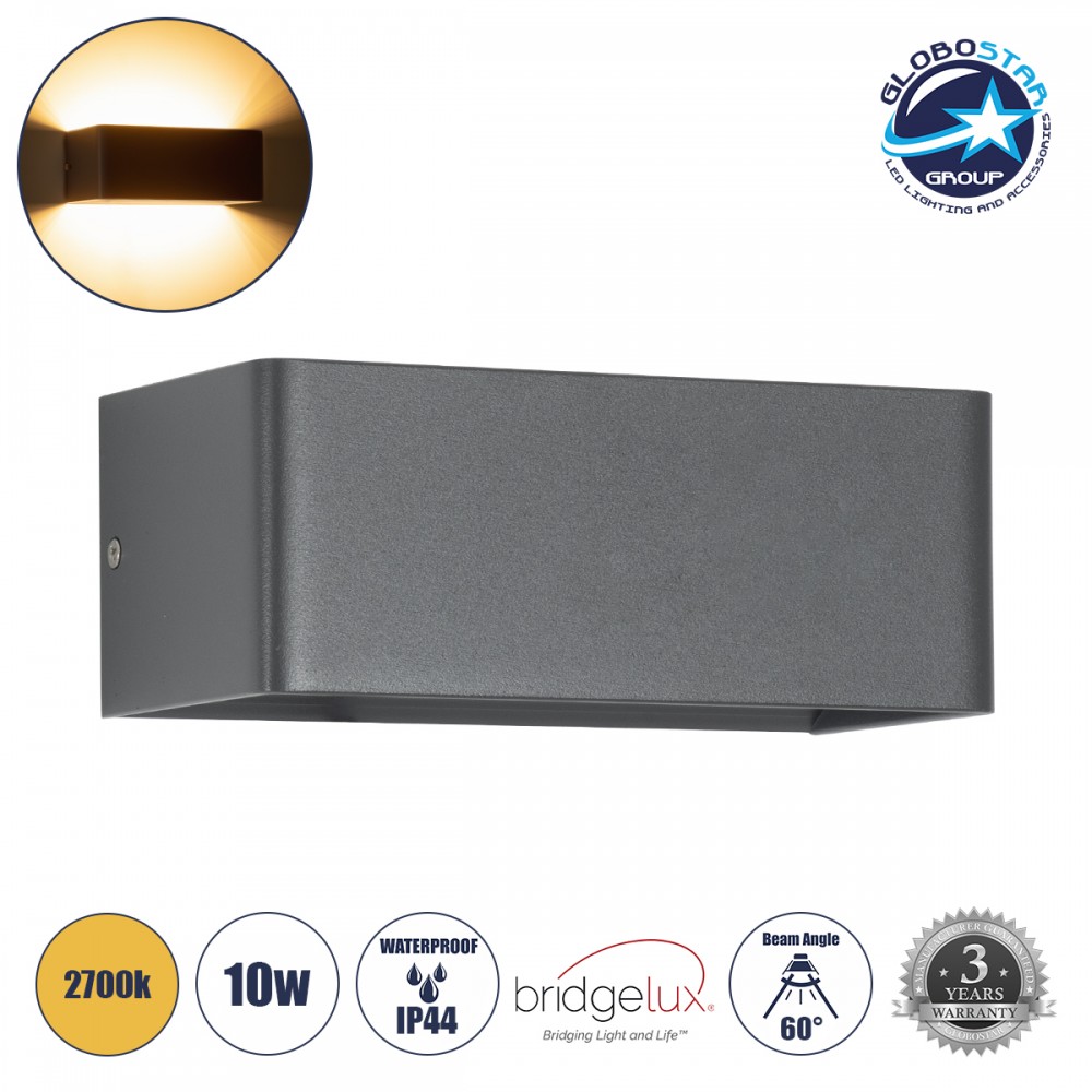 GloboStar® CIRCOA 60543 Φωτιστικό Τοίχου - Απλίκα Αρχιτεκτονικού Φωτισμού Εσωτερικού/Εξωτερικού Χώρου Up & Down LED 10W 1080lm 60° AC 220-240V IP44 Μ20 x Π8 x Υ10cm - Θερμό Λευκό 2700K - Γκρι Ανθρακί - Bridgelux Chip - 3 Years Warranty