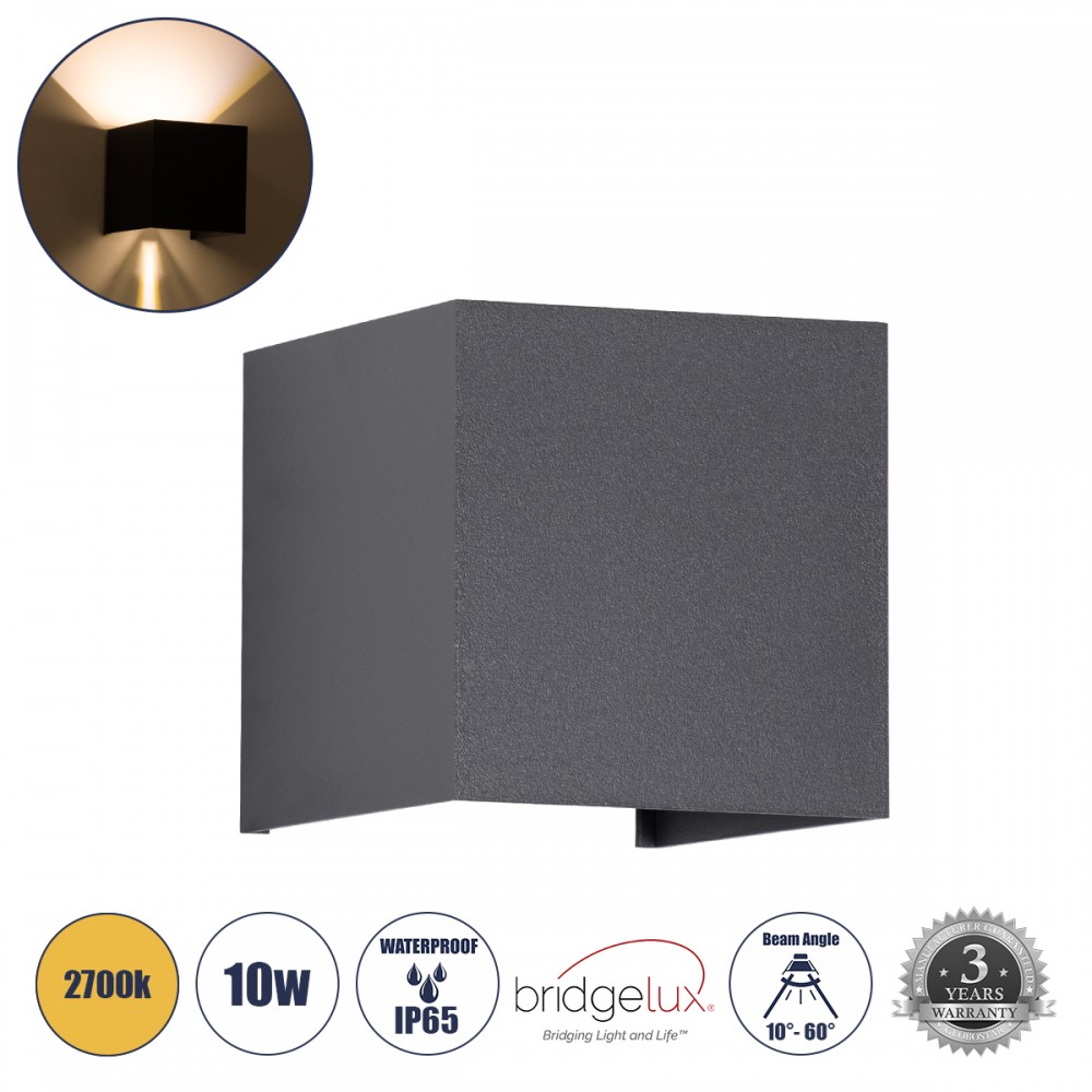 GLOBOSTAR® AXIS-S 60561 Μοντέρνο Φωτιστικό Τοίχου - Απλίκα LED 10W 1150lm 5°/60° AC 220-240V Αδιάβροχο IP65 Θερμό Λευκό 2700K - Bridgelux COB Chip & TÜV SÜD Driver - Γκρι Ανθρακί Ματ - Μ10 x Π10 x Υ10cm - 5 Χρόνια Εγγύηση