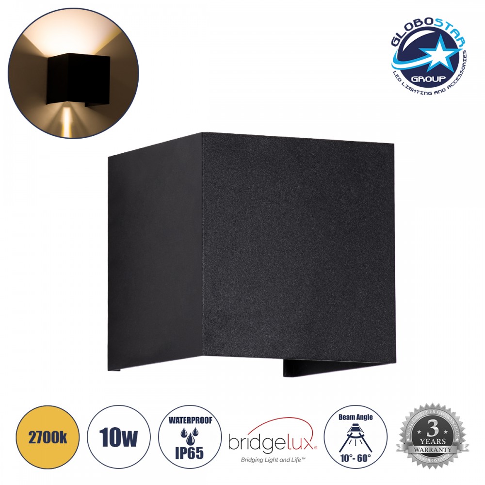 GLOBOSTAR® AXIS-S 60562 Μοντέρνο Φωτιστικό Τοίχου - Απλίκα LED 10W 1150lm 5°/60° AC 220-240V Αδιάβροχο IP65 Θερμό Λευκό 2700K - Bridgelux COB Chip & TÜV SÜD Driver - Μαύρο Ματ - Μ10 x Π10 x Υ10cm - 5 Χρόνια Εγγύηση