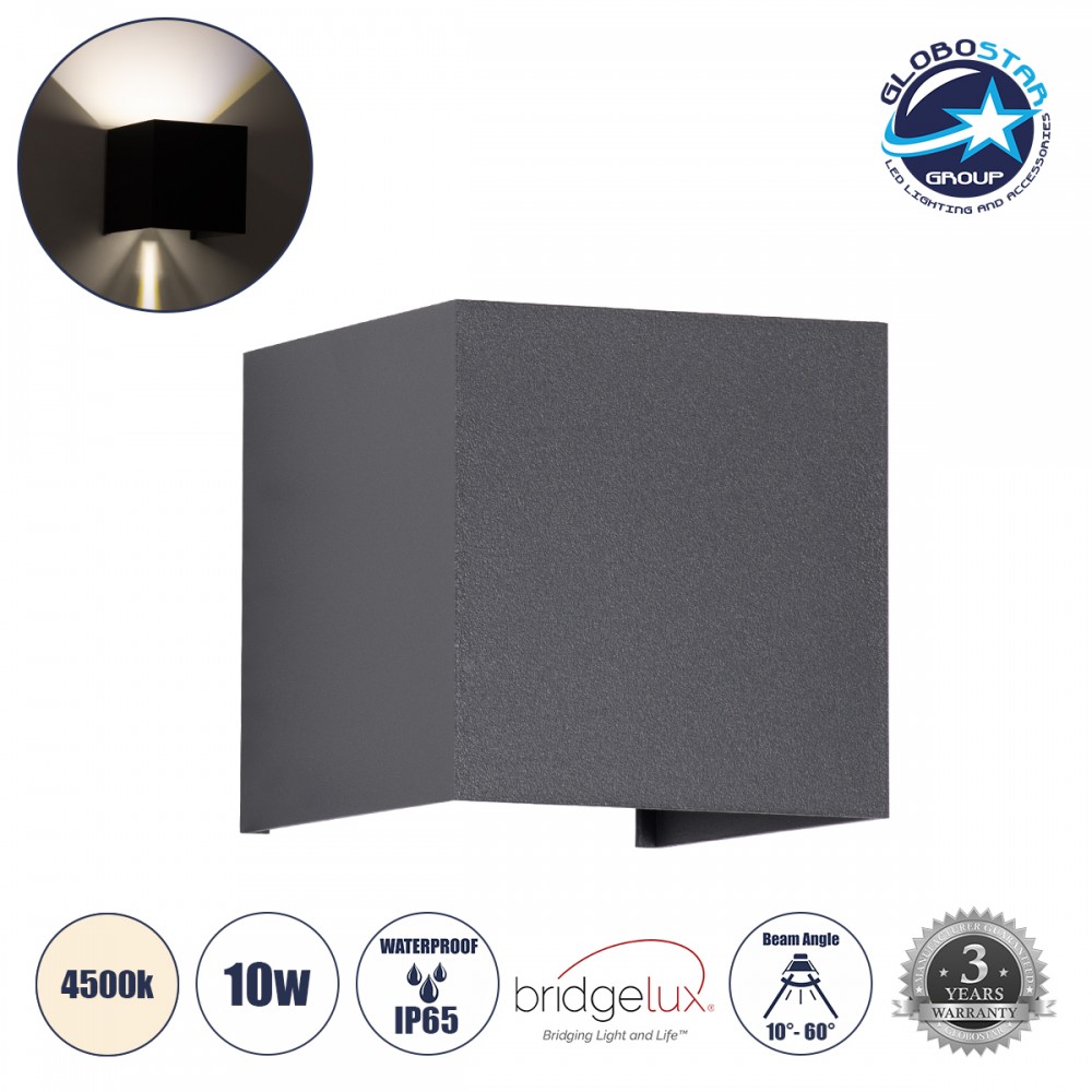 GloboStar® AXIS-S 60564 Φωτιστικό Τοίχου - Απλίκα Αρχιτεκτονικού Φωτισμού Εσωτερικού/Εξωτερικού Χώρου Up & Down LED 10W 1200lm 10 έως 60° AC 220-240V Αδιάβροχο IP65 Μ10 x Π10 x Υ10cm - Φυσικό Λευκό 4500K - Γκρι Ανθρακί- Bridgelux Chip - 3 Years Warran