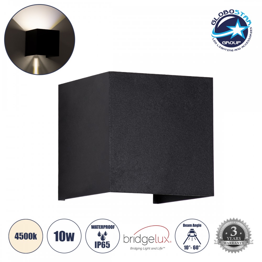 GLOBOSTAR® AXIS-S 60565 Μοντέρνο Φωτιστικό Τοίχου - Απλίκα LED 10W 1200lm 5°/60° AC 220-240V Αδιάβροχο IP65 Φυσικό Λευκό 4500K - Bridgelux COB Chip & TÜV SÜD Driver - Μαύρο Ματ - Μ10 x Π10 x Υ10cm - 5 Χρόνια Εγγύηση