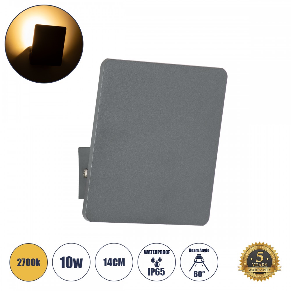 GloboStar® CUADRADO 60570 Φωτιστικό Τοίχου - Απλίκα Αρχιτεκτονικού Φωτισμού Εσωτερικού/Εξωτερικού Χώρου Up or Down LED 10W 1000lm 60° AC220-240V Αδιάβροχο IP65 - Σώμα Αλουμινίου & Tempered Glass - Μ14 x Π14 x Υ4.5cm - Θερμό Λευκό 2700K - Γκρι Ανθρακί 