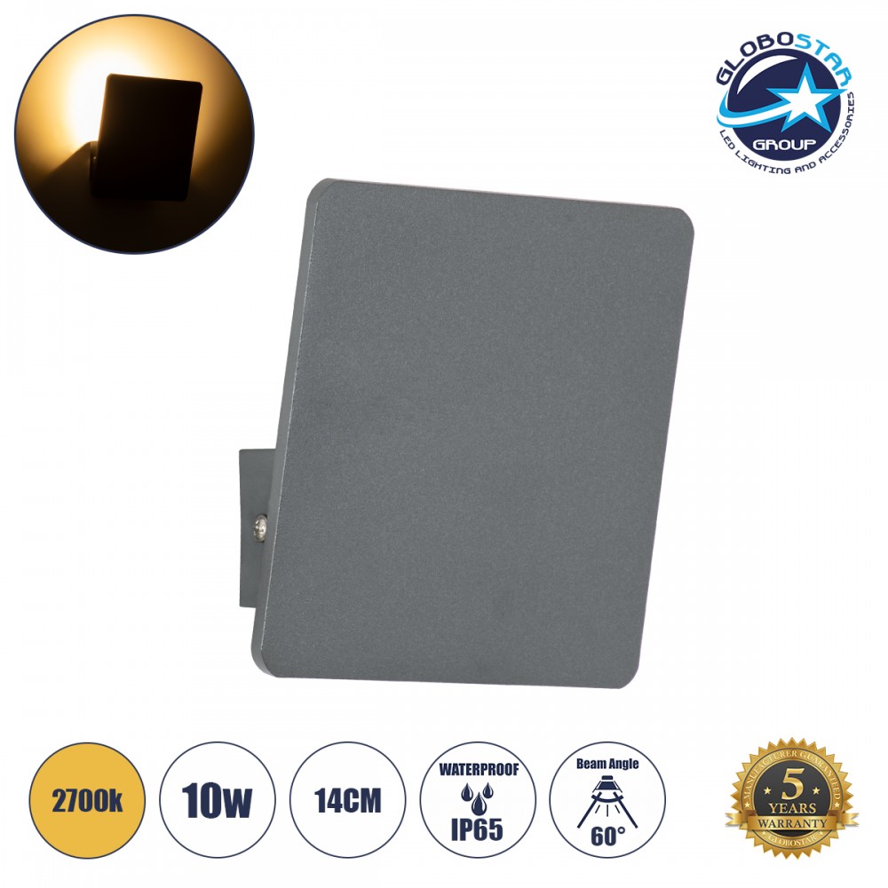 GloboStar® CUADRADO 60570 Φωτιστικό Τοίχου - Απλίκα Αρχιτεκτονικού Φωτισμού Εσωτερικού/Εξωτερικού Χώρου Up or Down LED 10W 1000lm 60° AC220-240V Αδιάβροχο IP65 - Σώμα Αλουμινίου & Tempered Glass - Μ14 x Π14 x Υ4.5cm - Θερμό Λευκό 2700K - Γκρι Ανθρακί 