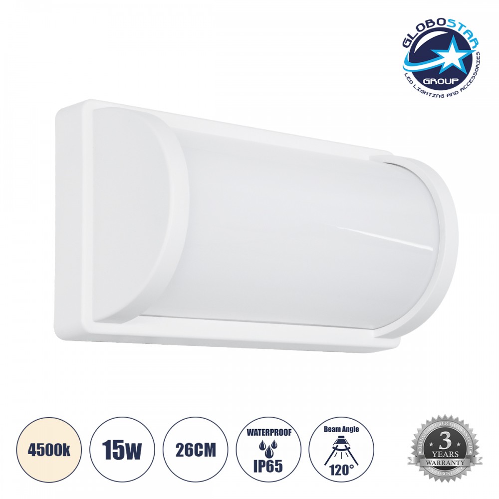 GLOBOSTAR® CELESTIAL 60694  Φωτιστικό Τοίχου - Απλίκα Εσωτερικού/Εξωτερικού Χώρου LED 15W 1575lm 120° AC175-265V Αδιάβροχο IP65 - Πλαστικό Σώμα - Φυσικό λευκό 4500K - Μ26 x Π9 x Υ13.5cm - Λευκό - Bridgelux Chip - 3 Χρόνια Εγγύηση