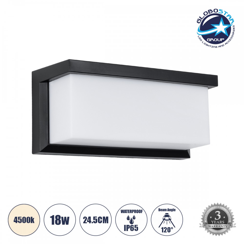 GLOBOSTAR® CITYSCAPE 60699 Μοντέρνο Φωτιστικό Τοίχου - Απλίκα LED 18W 1890lm 120° AC 220-240V Αδιάβροχο IP65 Φυσικό Λευκό 4500K - Bridgelux SMD Chip - Μαύρο Ματ - Μ23.5 x Π11 x Υ10cm - 3 Χρόνια Εγγύηση