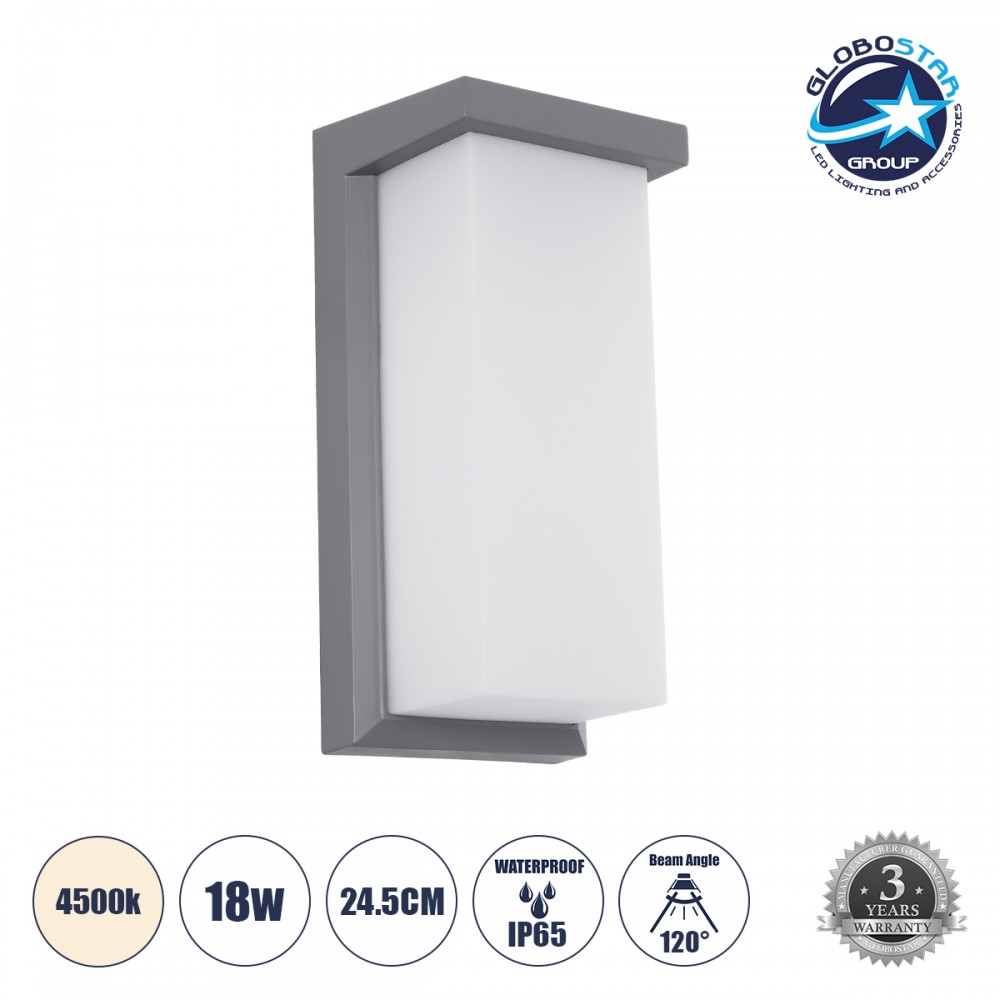GLOBOSTAR® LOFT 60759 Φωτιστικό Τοίχου - Απλίκα Εσωτερικού/Εξωτερικού Χώρου LED 18W 1890lm 120° AC175-265V Αδιάβροχο IP65 - Πλαστικό Σώμα - Φυσικό λευκό 4500K - Μ24.5 x Π11 x Υ9.5cm -  Γκρι - Bridgelux Chip - 3 Χρόνια Εγγύηση