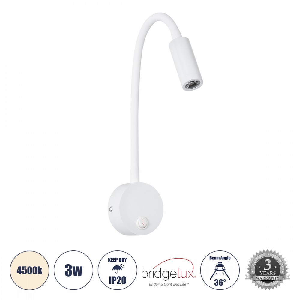 GloboStar® GOOSE 60876 Μοντέρνο Φωτιστικό Τοίχου - Απλίκα Ξενοδοχείου Bed Side LED 3W 300lm 36° AC 220-240V - Reading Light - Μ6.5 x Π15 x Υ24.5cm - Φυσικό Λευκό 4500K - Λευκό - 3 Xρόνια Εγγύηση