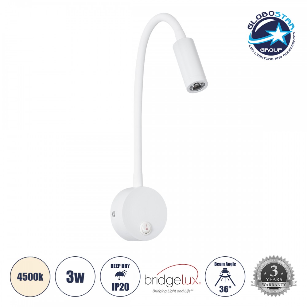 GloboStar® GOOSE 60876 Μοντέρνο Φωτιστικό Τοίχου - Απλίκα Ξενοδοχείου Bed Side LED 3W 300lm 36° AC 220-240V - Reading Light - Μ6.5 x Π15 x Υ24.5cm - Φυσικό Λευκό 4500K - Λευκό - 3 Xρόνια Εγγύηση