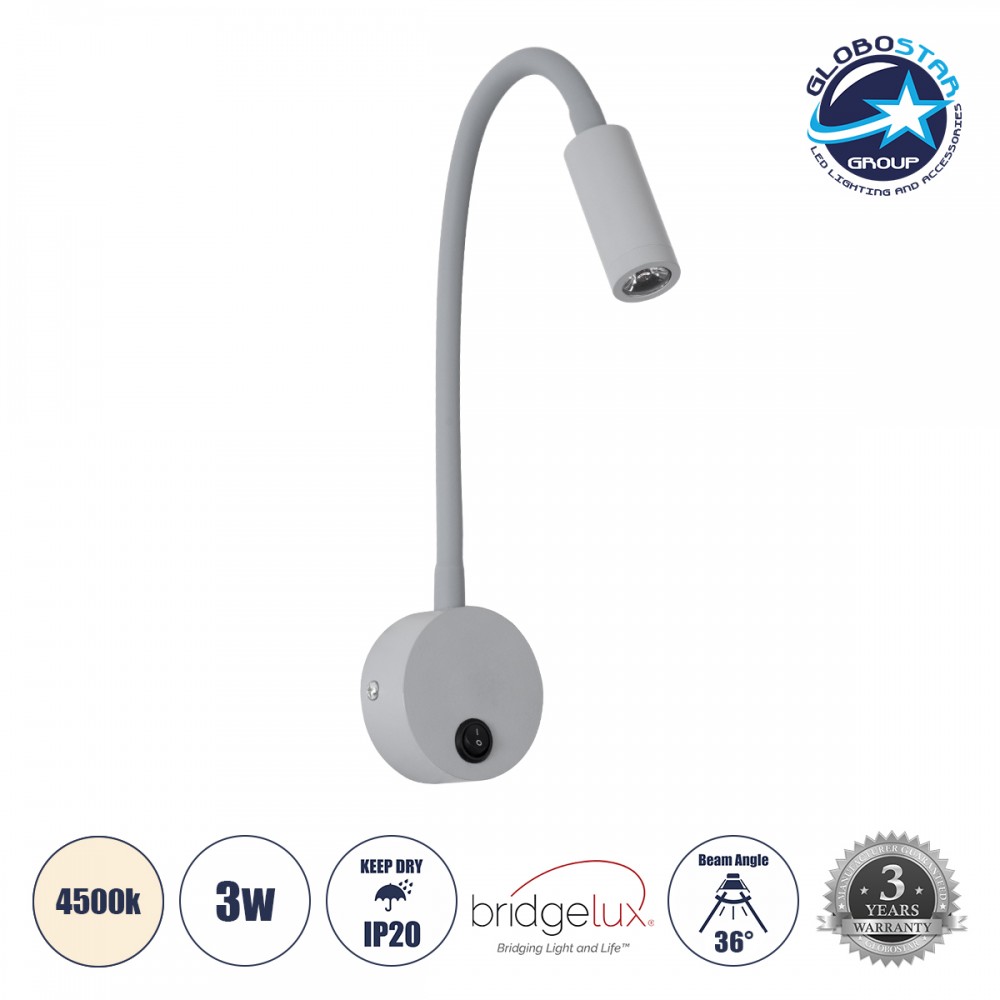 GloboStar® GOOSE 60877 Μοντέρνο Φωτιστικό Τοίχου - Απλίκα Ξενοδοχείου Bed Side LED 3W 300lm 36° AC 220-240V - Reading Light - Μ6.5 x Π15 x Υ24.5cm - Φυσικό Λευκό 4500K - Γκρι Ανθρακί - 3 Xρόνια Εγγύηση