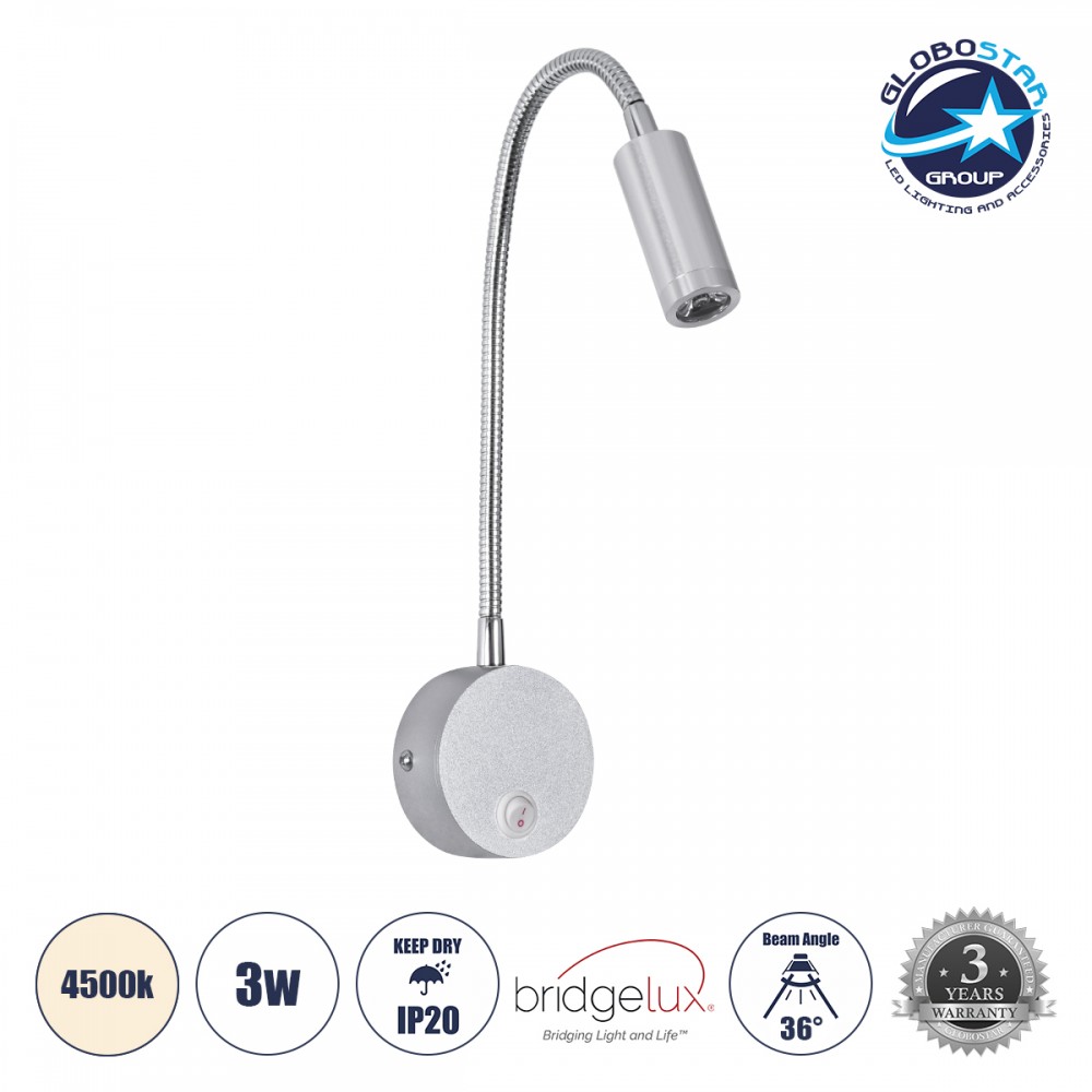 GloboStar® GOOSE 60879 Μοντέρνο Φωτιστικό Τοίχου - Απλίκα Ξενοδοχείου Bed Side LED 3W 300lm 36° AC 220-240V - Reading Light - Μ6.5 x Π15 x Υ24.5cm - Φυσικό Λευκό 4500K - Ασημί Νίκελ - 3 Xρόνια Εγγύηση