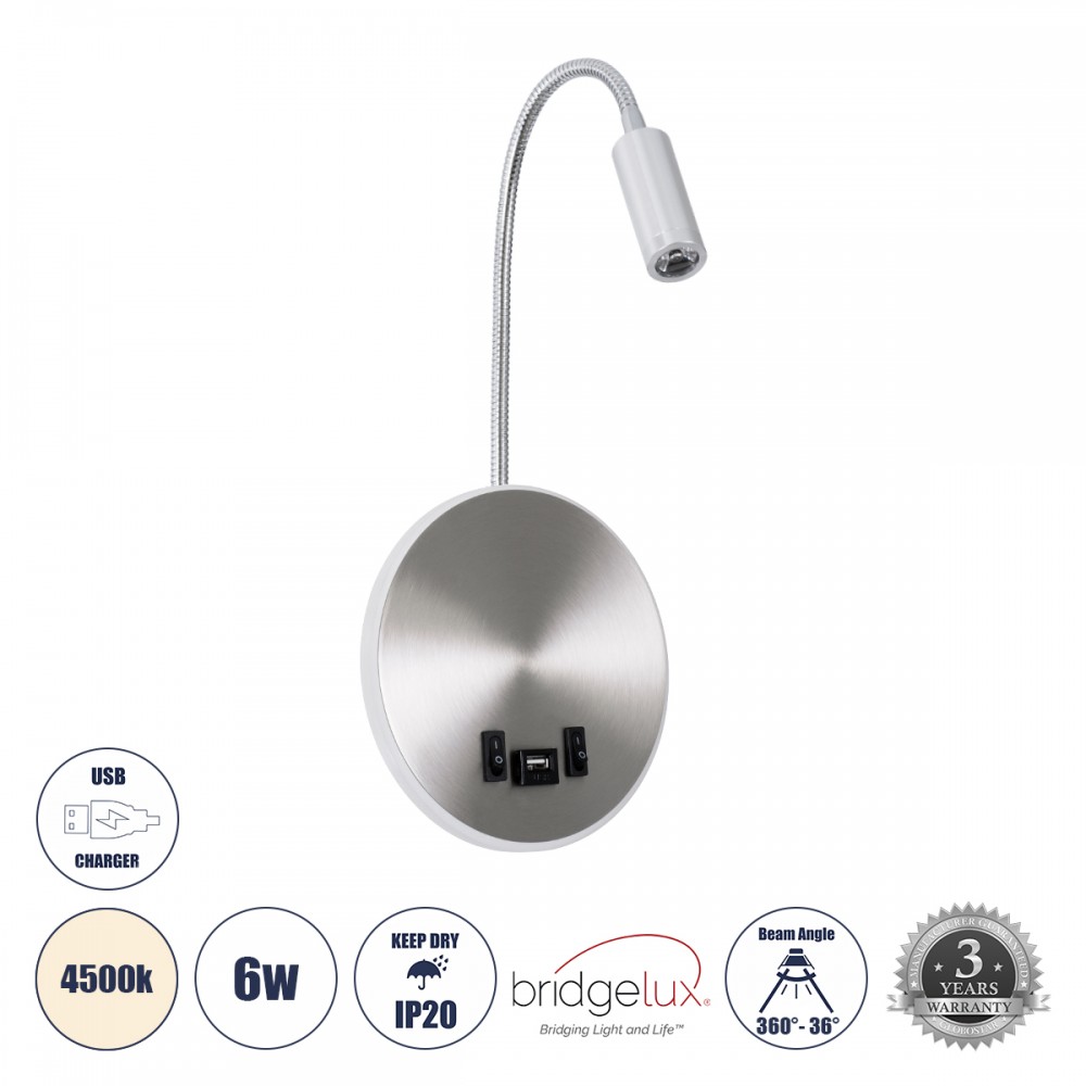 GLOBOSTAR® GOOSE 60884 Μοντέρνο Φωτιστικό Τοίχου - Απλίκα Ξενοδοχείου Reading Light με Φορτιστή USB 3A LED 6W 600lm 36° & 360° AC 220-240V IP20 Φυσικό Λευκό 4500K - CREE XPE & Lumileds SMD Chip & TÜV SÜD Driver - Νίκελ Βούρτσας - Μ15.5 x Π15 x