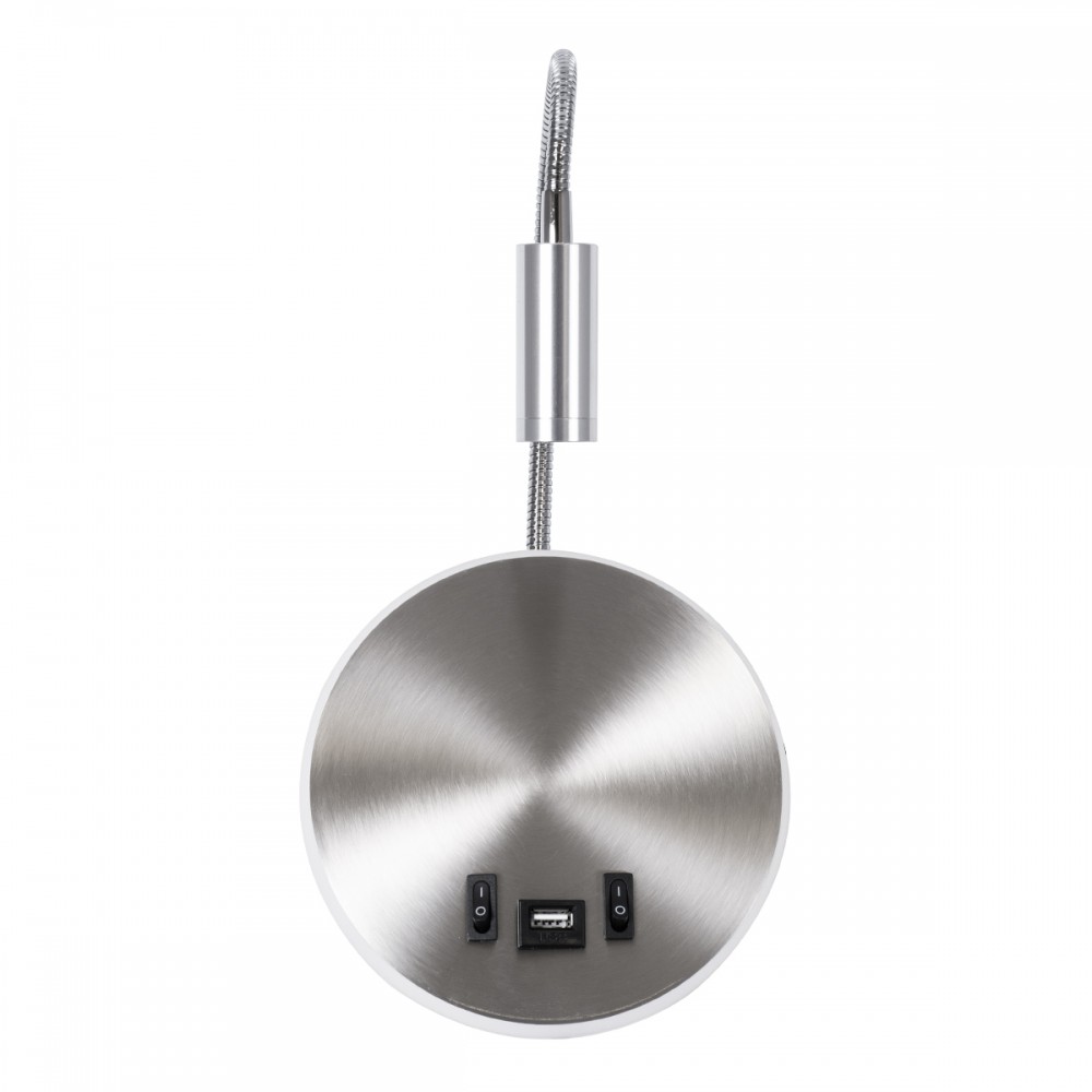 GloboStar® GOOSE 60884 Μοντέρνο Φωτιστικό Τοίχου - Απλίκα Ξενοδοχείου Bed Side LED 6W 600lm 36° & 360° AC 220-240V - Reading Light & 360° Κρυφός Φωτισμός - Φορτιστής USB 3A - Μ15.5 x Π15 x Υ30.5cm - Φυσικό Λευκό 4500K - Ασημί Νίκελ
