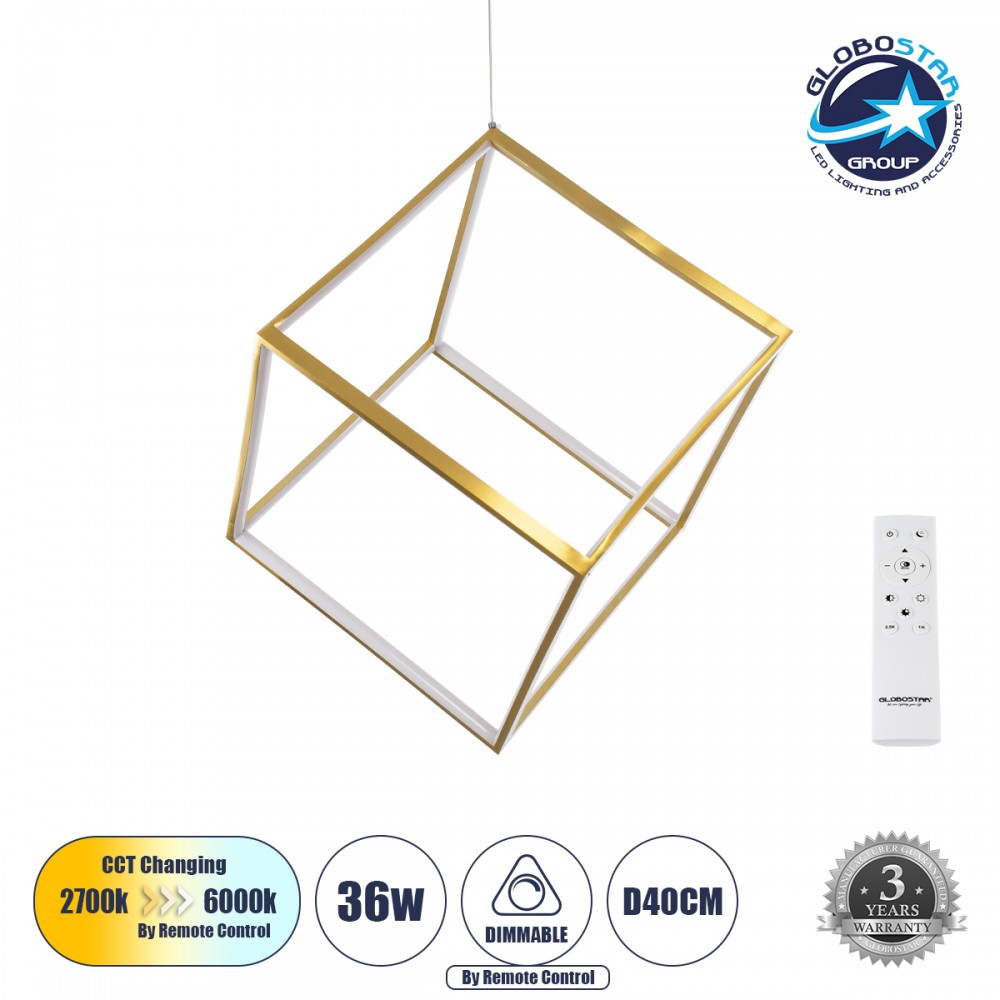 GLOBOSTAR® KIBOO 60930 Μοντέρνο Κρεμαστό Φωτιστικό Οροφής LED 36W 4150lm 360° AC 220-240V IP20 Ρυθμιζόμενο Λευκό CCT με Χειριστήριο από 2700K έως 6000K Dimmable - Lumileds SMD Chip - Χρυσό Βούρτσας - Μ40 x Π40 x Υ40cm - 3 Χρόνια Εγγύηση