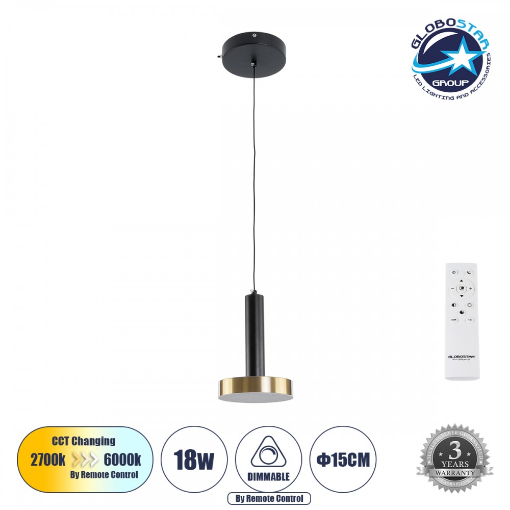 GLOBOSTAR® ZANE 60933 Κρεμαστό Φωτιστικό Design LED CCT 18W 2016lm 120° AC 220-240V IP20 - Εναλλαγή Φωτισμού μέσω Τηλεχειριστηρίου All In One Ψυχρό 6000k+Φυσικό 4500k+Θερμό 2700k Dimmable - Φ15 x Υ20cm - Μαύρο & Χρυσό - 3 Χρόνια Εγγύηση