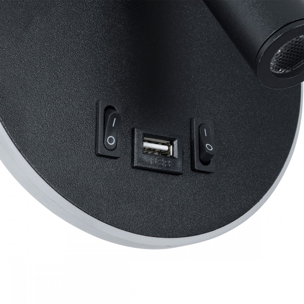 GLOBOSTAR® LADY-R 60938 Μοντέρνο Φωτιστικό Τοίχου - Απλίκα Ξενοδοχείου Reading Light με Φορτιστή USB 3A LED 6W 600lm 36° & 360° AC 220-240V IP20 Φυσικό Λευκό 4500K - Bridgelux COB Chip & TÜV SÜD Driver - Μαύρο Ματ - Μ15 x Π15 x Υ7cm - 3 Χρόνια Εγγ