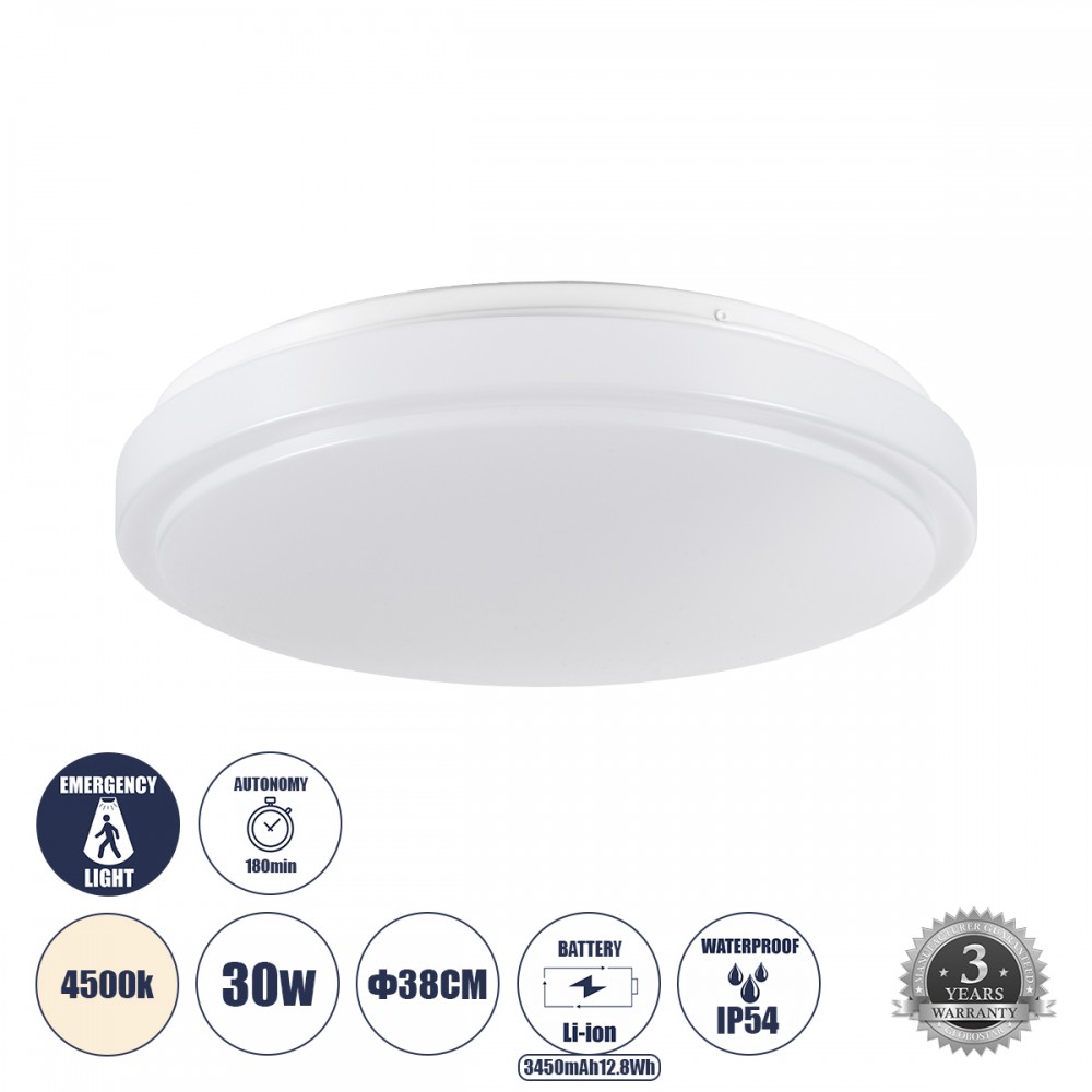 GloboStar® EMERGANO 60993 Πλαφονιέρα Οροφής LED 30W 2850lm 120° AC 220-240V με Ενσωματωμένο Σύστημα Emergency Li-ion 3450mAh/12.8Wh με Αυτονομία 3hrs - Αδιάβροχη IP54 Φ38 x Υ5.3cm Φυσικό Λευκό 4500K - Λευκό - Bridgelux Chips - 3 Years Warranty