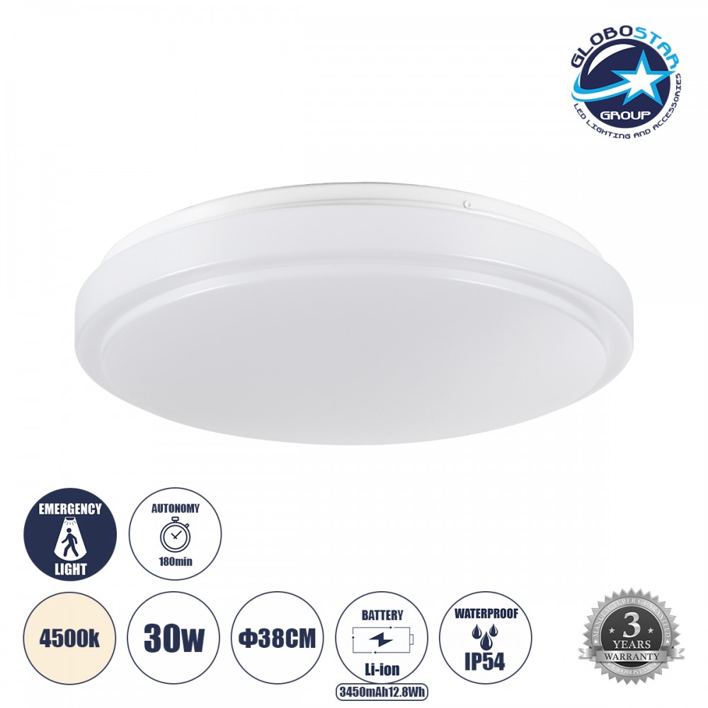 GloboStar® EMERGANO 60993 Πλαφονιέρα Οροφής LED 30W 2850lm 120° AC 220-240V με Ενσωματωμένο Σύστημα Emergency Li-ion 3450mAh/12.8Wh με Αυτονομία 3hrs - Αδιάβροχη IP54 Φ38 x Υ5.3cm Φυσικό Λευκό 4500K - Λευκό - Bridgelux Chips - 3 Years Warranty