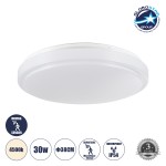 GloboStar® SENSORANO 60995 Πλαφονιέρα Οροφής LED 30W 3000lm 120° AC 220-240V με Ενσωματωμένο Σύστημα Ρυθμιζόμενου Microwave Αισθητήρα Κίνησης - Αδιάβροχη IP54 Φ38 x Υ5.3cm Φυσικό Λευκό 4500K - Λευκό - Bridgelux Chips - 3 Years Warranty