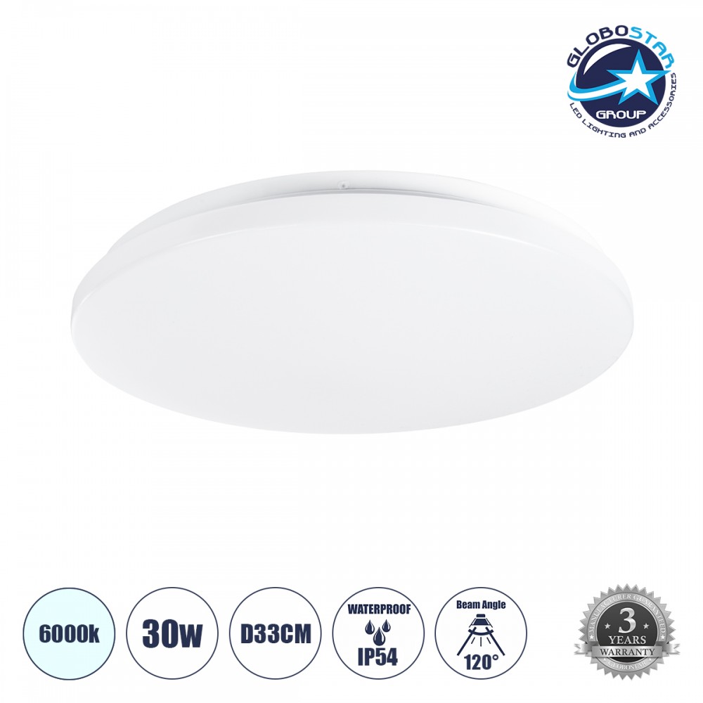 GLOBOSTAR® CELANO 61008 Φωτιστικό Πλαφονιέρα Οροφής LED 30W 3000lm 120° AC 220-240V Αδιάβροχο IP54 Ψυχρό Λευκό 6000K - Lumileds SMD Chip - Λευκό Γαλακτερό - Μ33 x Π33 x Υ6cm - 3 Χρόνια Εγγύηση