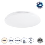 GloboStar® CELANO 61009 LED Πλαφονιέρα Οροφής Στρόγγυλη Φ33 30W 2850lm 120° AC 220-240V Αδιάβροχη IP54 Φ33 x Υ6cm Φυσικό Λευκό 4500K - 3 Χρόνια Εγγύηση