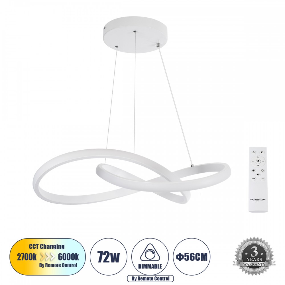 GLOBOSTAR® DEXTER 61050 Μοντέρνο Κρεμαστό Φωτιστικό Οροφής LED 72W 8064lm 300° AC 220-240V IP20 Ρυθμιζόμενο Λευκό CCT με Χειριστήριο από 2700K έως 6000K Dimmable - Lumileds SMD Chip - Λευκό Ματ - Μ56 x Π56 x Υ14cm - 3 Χρόνια Εγγύηση