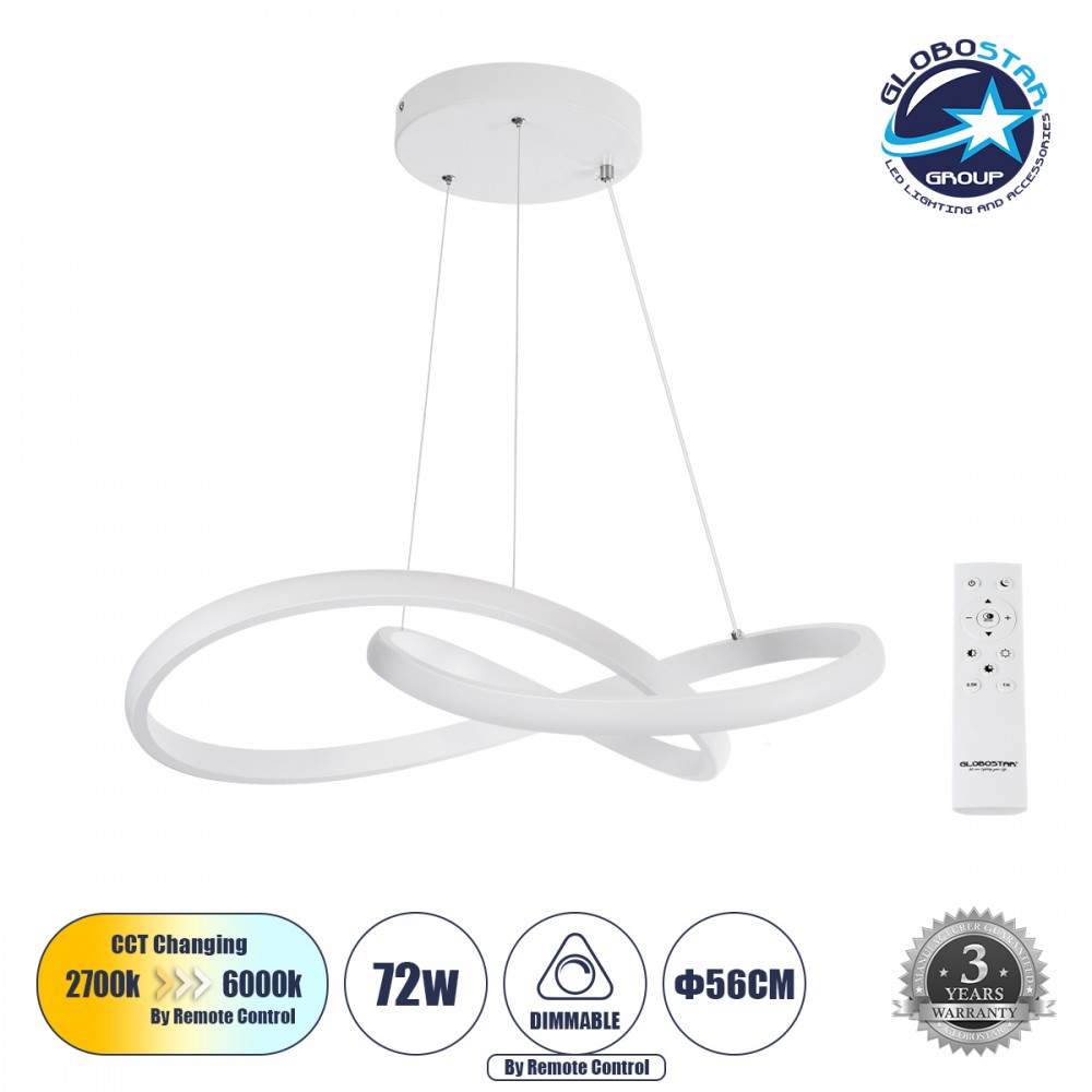 GLOBOSTAR® DEXTER 61050 Μοντέρνο Κρεμαστό Φωτιστικό Οροφής LED 72W 8064lm 300° AC 220-240V IP20 Ρυθμιζόμενο Λευκό CCT με Χειριστήριο από 2700K έως 6000K Dimmable - Lumileds SMD Chip - Λευκό Ματ - Μ56 x Π56 x Υ14cm - 3 Χρόνια Εγγύηση
