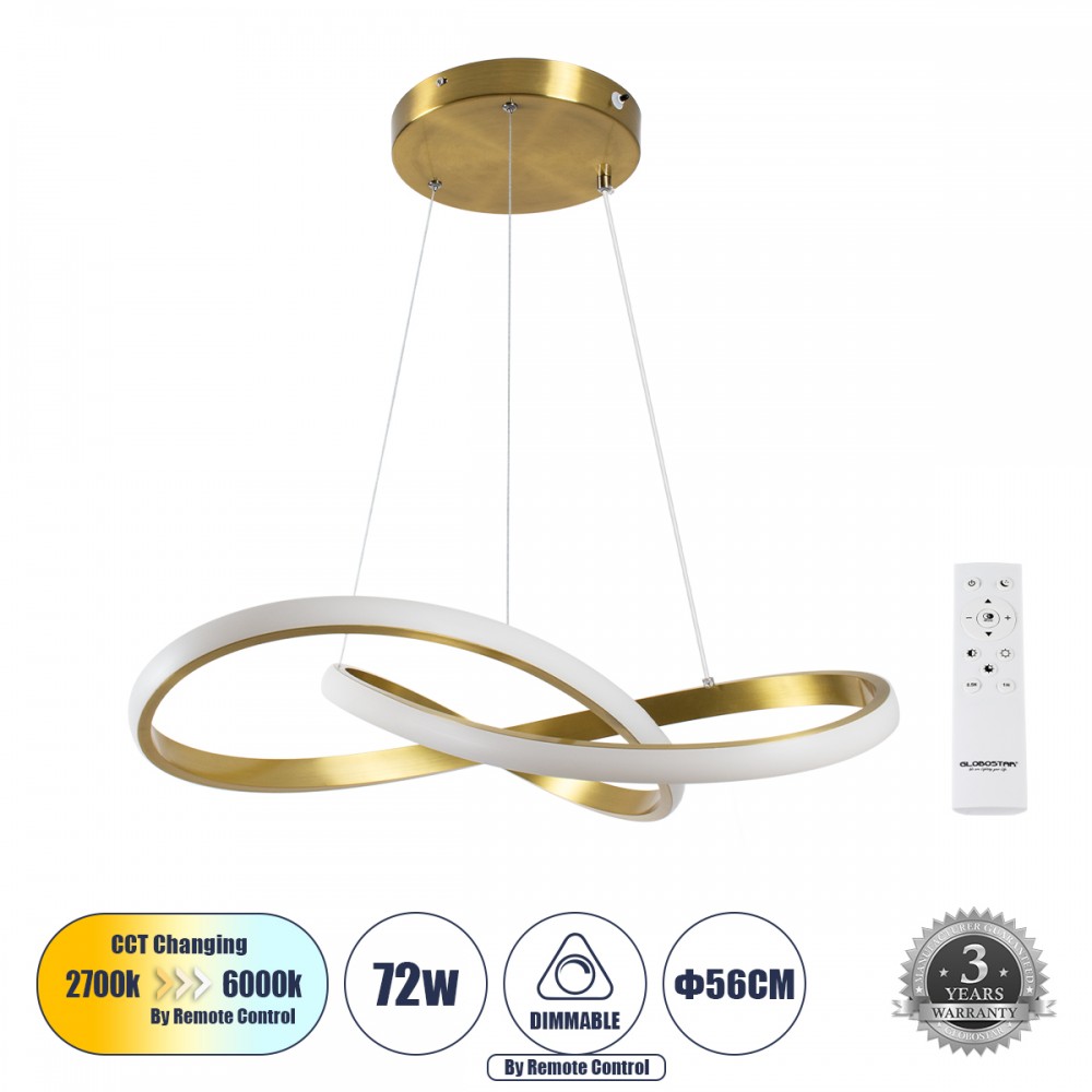 GLOBOSTAR® DEXTER 61051 Μοντέρνο Κρεμαστό Φωτιστικό Οροφής LED 72W 8064lm 300° AC 220-240V IP20 Ρυθμιζόμενο Λευκό CCT με Χειριστήριο από 2700K έως 6000K Dimmable - Lumileds SMD Chip - Χρυσό Βούρτσας - Μ56 x Π56 x Υ14cm - 3 Χρόνια Εγγύηση
