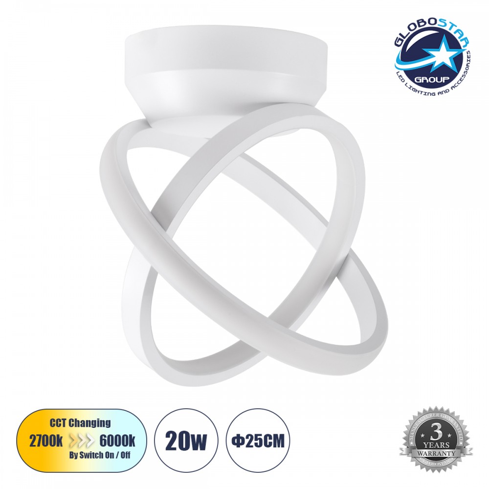 GloboStar® AMELIA 61053 Φωτιστικό Οροφής Design LED CCT 20W 2400lm 300° AC 220-240V - Εναλλαγή Φωτισμού μέσω Διακόπτη On/Off All In One Ψυχρό 6000k+Φυσικό 4500k+Θερμό 2700k Μ24.5 x Π16 x Υ25cm - Λευκό