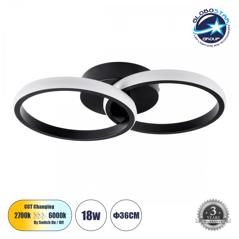 GloboStar® CORA 61058 Φωτιστικό Οροφής Design LED CCT 18W 2160lm 300° AC 220-240V - Εναλλαγή Φωτισμού μέσω Διακόπτη On/Off All In One Ψυχρό 6000k+Φυσικό 4500k+Θερμό 2700k Μ36 x Π20.5 x Υ7cm - Μαύρο