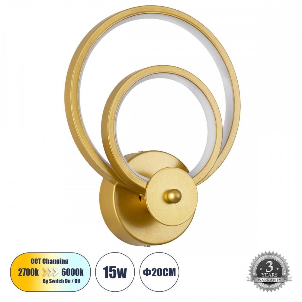 GLOBOSTAR® FREDDIE 61078 Μοντέρνο Φωτιστικό Τοίχου - Απλίκα LED 15W 1080lm 300° AC 220-240V IP20 Ρυθμιζόμενο Λευκό CCT με On/Off 2700K/4500K/6000K - Lumileds SMD Chip - Χρυσό Βούρτσας - Μ20 x Π7.5 x Υ25cm - 3 Χρόνια Εγγύηση