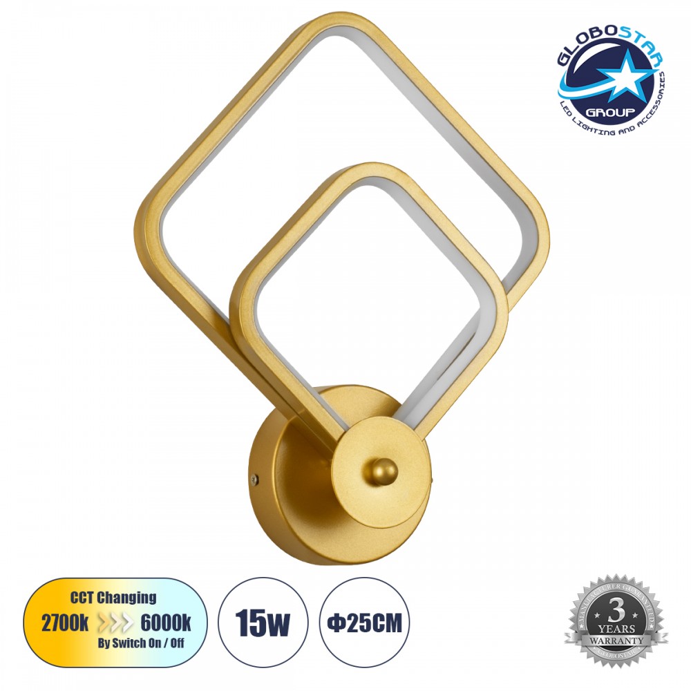 GLOBOSTAR® ANNA 61087 Μοντέρνο Φωτιστικό Τοίχου - Απλίκα LED 15W 1800lm 300° AC 220-240V IP20 Ρυθμιζόμενο Λευκό CCT με On/Off 2700K/4500K/6000K - Lumileds SMD Chip - Χρυσό Βούρτσας - Μ25 x Π8 x Υ30cm - 3 Χρόνια Εγγύηση