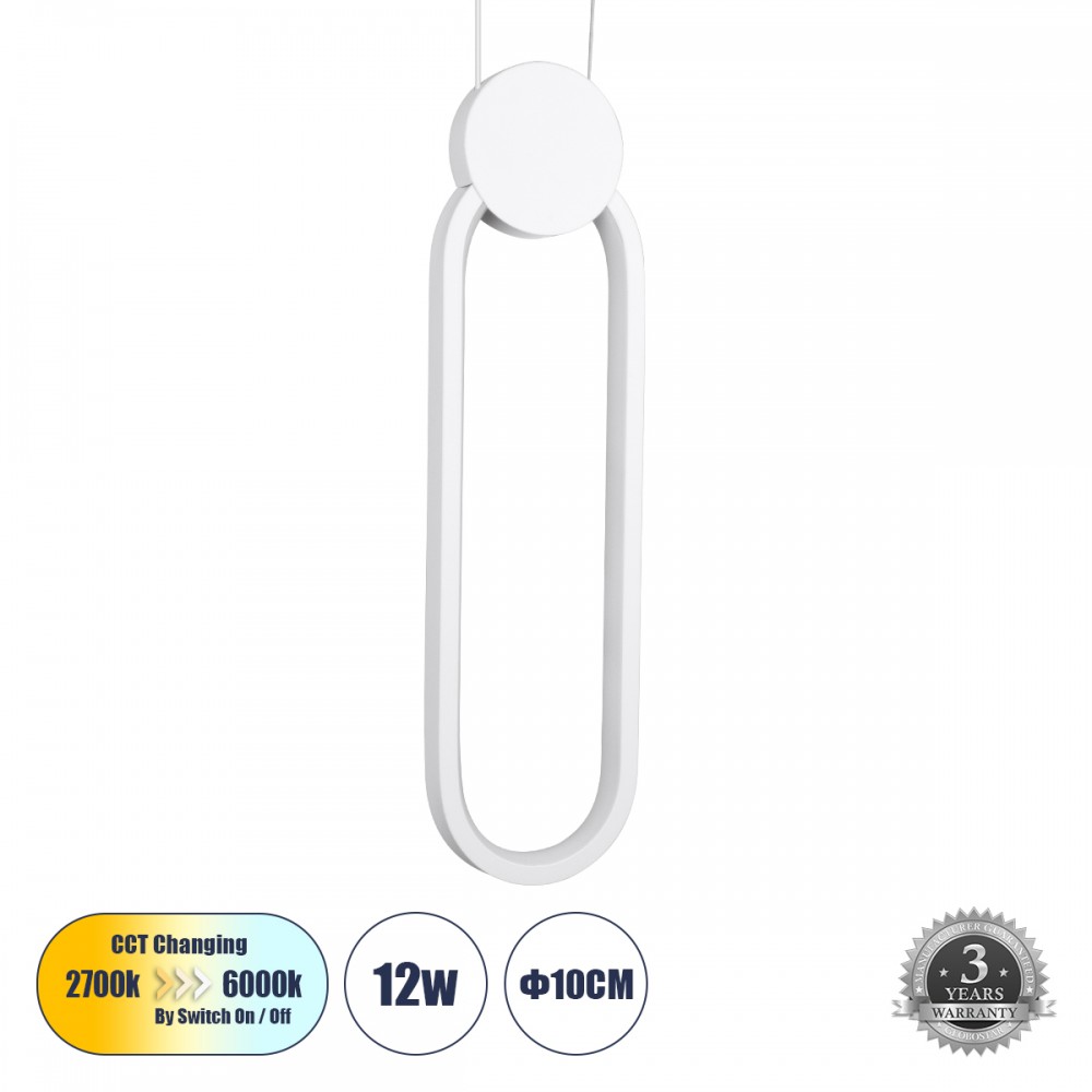 GloboStar® ILDI 61089 Κρεμαστό Φωτιστικό Οροφής Design LED CCT 12W 1440lm 300° AC 220-240V - Εναλλαγή Φωτισμού μέσω Διακόπτη On/Off All In One Ψυχρό 6000k+Φυσικό 4500k+Θερμό 2700k Μ10 x Π2.3 x Υ38cm - Λευκό