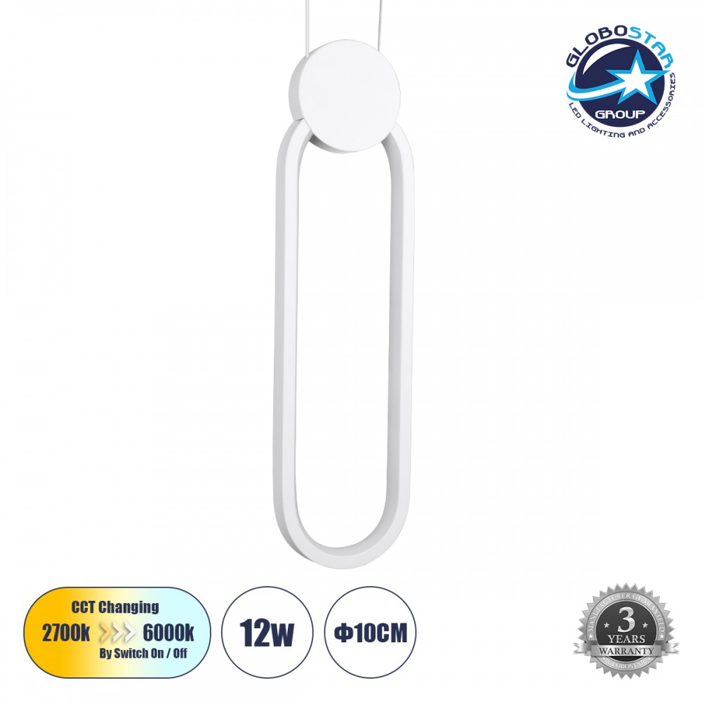 GloboStar® ILDI 61089 Κρεμαστό Φωτιστικό Οροφής Design LED CCT 12W 1440lm 300° AC 220-240V - Εναλλαγή Φωτισμού μέσω Διακόπτη On/Off All In One Ψυχρό 6000k+Φυσικό 4500k+Θερμό 2700k Μ10 x Π2.3 x Υ38cm - Λευκό