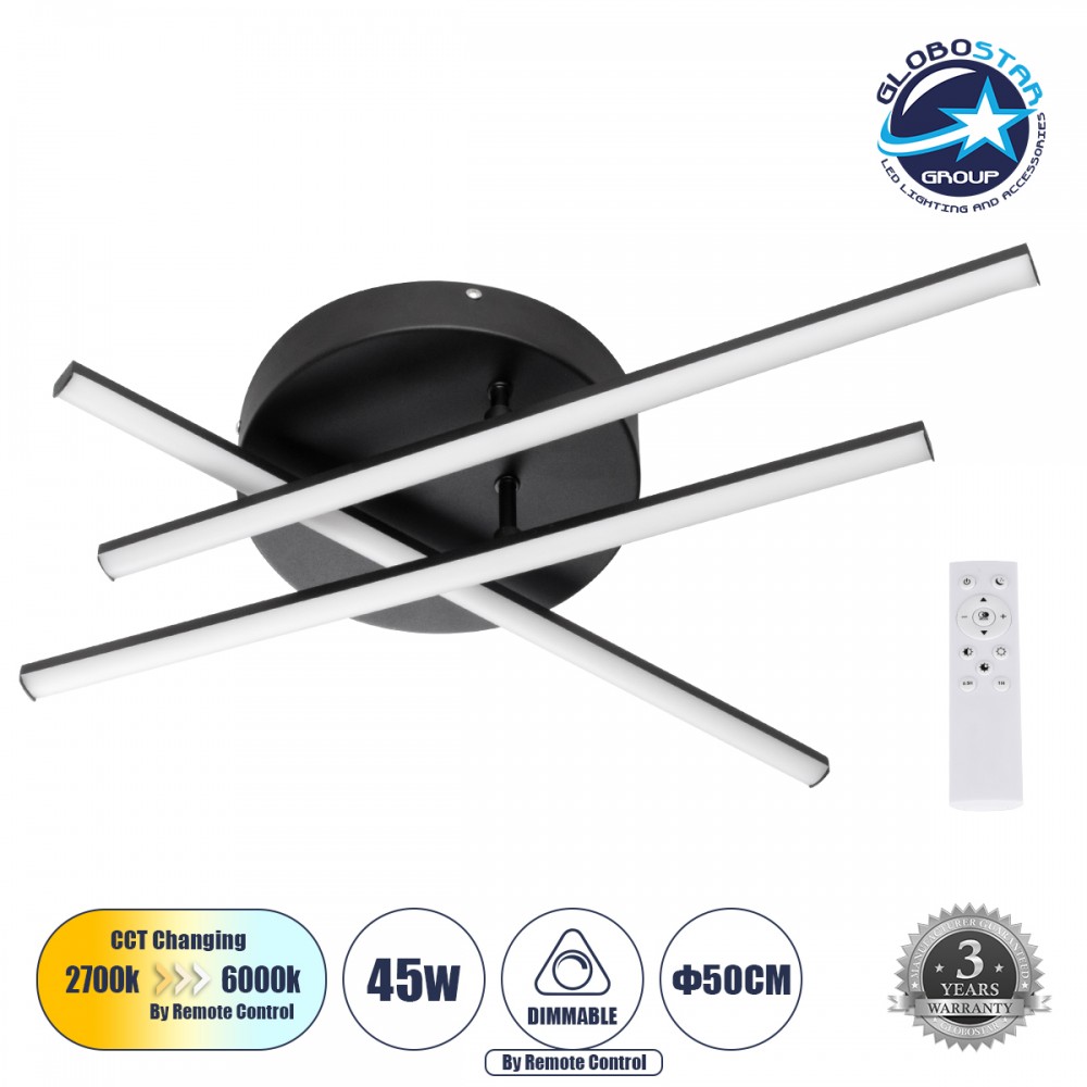GLOBOSTAR® DRACO 61093 Μοντέρνο Φωτιστικό Οροφής LED 45W 5535lm 120° AC 220-240V IP20 Ρυθμιζόμενο Λευκό CCT με Χειριστήριο από 2700K έως 6000K Dimmable - Lumileds SMD Chip - Μαύρο Ματ - Μ50 x Π50 x Υ11cm - 3 Χρόνια Εγγύηση