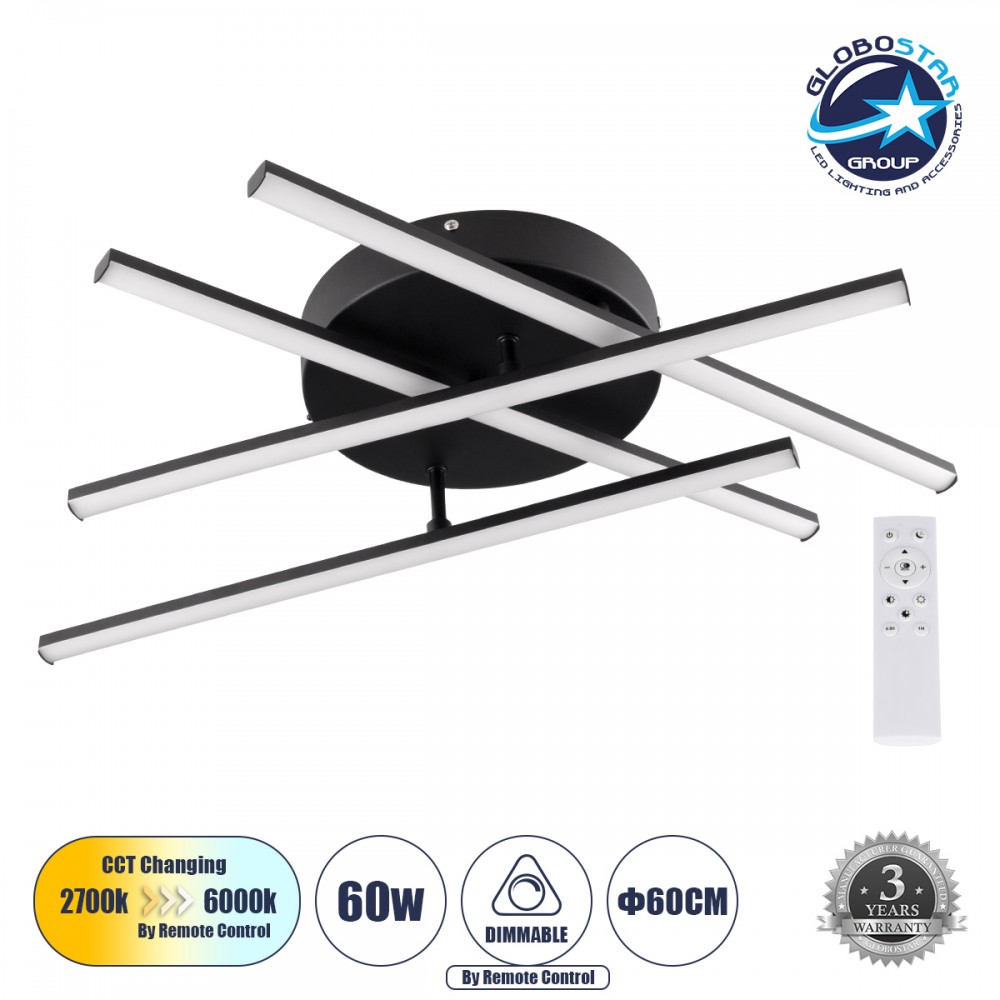GLOBOSTAR® DRACO 61095 Μοντέρνο Φωτιστικό Οροφής LED 60W 7380lm 120° AC 220-240V IP20 Ρυθμιζόμενο Λευκό CCT με Χειριστήριο από 2700K έως 6000K Dimmable - Lumileds SMD Chip - Μαύρο Ματ - Μ60 x Π60 x Υ11cm - 3 Χρόνια Εγγύηση