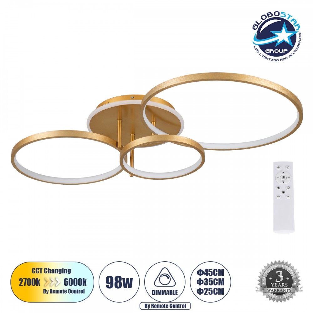 GLOBOSTAR® NEMESIS 61110 Μοντέρνο Φωτιστικό Οροφής LED 98W 11858lm 360° AC 220-240V IP20 Ρυθμιζόμενο Λευκό CCT με Χειριστήριο από 2700K έως 6000K Dimmable - Lumileds SMD Chip - Χρυσό Βούρτσας - Μ89 x Π60 x Υ19cm - 3 Χρόνια Εγγύηση