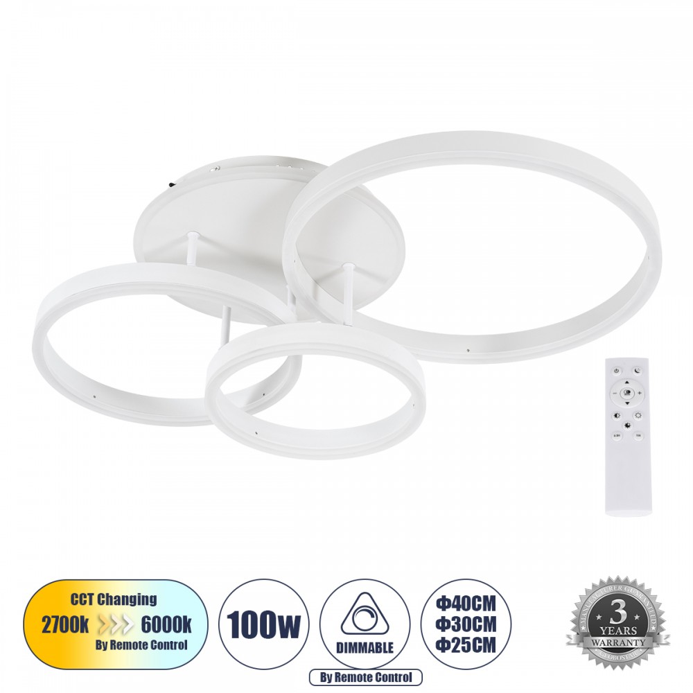GloboStar® VENOM 61124 Φωτιστικό Οροφής Δαχτυλίδι-Κύκλος LED CCT 100W 12100lm 360° AC 220-240V - Εναλλαγή Φωτισμού μέσω Τηλεχειριστηρίου All In One Ψυχρό 6000k+Φυσικό 4500k+Θερμό 2700k Dimmable Φ25+30+40cm+BackLight - Λευκό - 3 Years Warranty