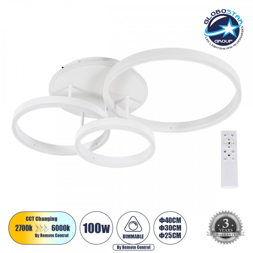 GloboStar® VENOM 61124 Φωτιστικό Οροφής Δαχτυλίδι-Κύκλος LED CCT 100W 12100lm 360° AC 220-240V - Εναλλαγή Φωτισμού μέσω Τηλεχειριστηρίου All In One Ψυχρό 6000k+Φυσικό 4500k+Θερμό 2700k Dimmable Φ25+30+40cm+BackLight - Λευκό - 3 Years Warranty